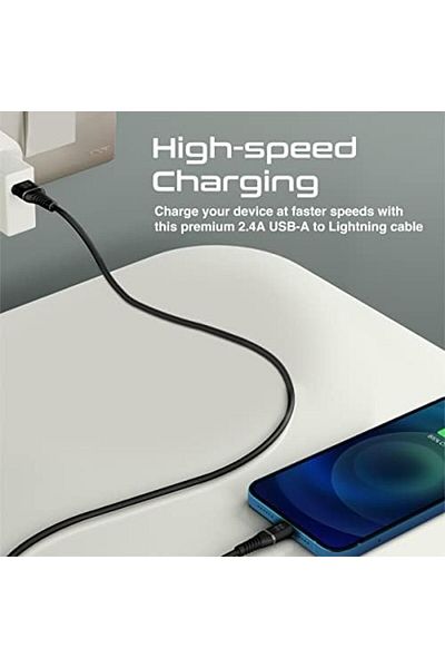 Promate كابل USB-A إلى Lightning، شاحن فائق السرعة بقوة 2.4 أمبير عالي الشد، USB-A إلى Lightning، لمزامنة البيانات