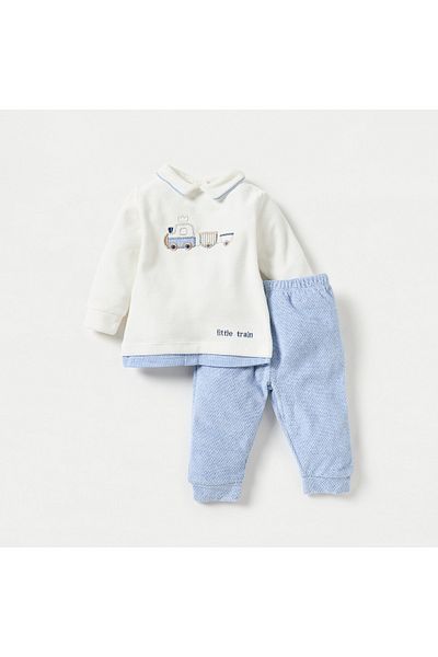 giggles Train Applique Long Sleeves Twofer Top and Pyjama Set