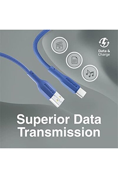 Promate كابل USB إلى USB-C، كابل شحن من النوع C من السيليكون المتين مع شحن سريع 2 أمبير، 480 ميجابت في الثانية D