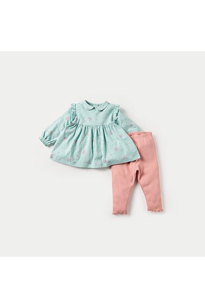 Juniors Floral Print Long Sleeves Top and Ribbed Pyjama