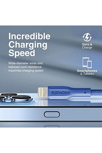 Promate كابل USB-A إلى Lightning، شحن USB-A متين بقوة 10 وات مع نقل بيانات بسرعة 480 ميجابت في الثانية، و100 سم أمبير