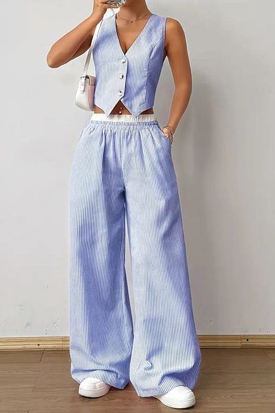 The Champ Clothing Women's Striped Poplin Woven Double Suit – Buttoned Crop Vest & Wide Leg Trousers Summer Casual Model