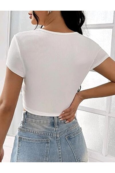 Rooted Γυναικείο μπλουζάκι με λευκό τετράγωνο και γιακά πισίνας, ύφασμα καμιζόλας με ραβδώσεις Lycra