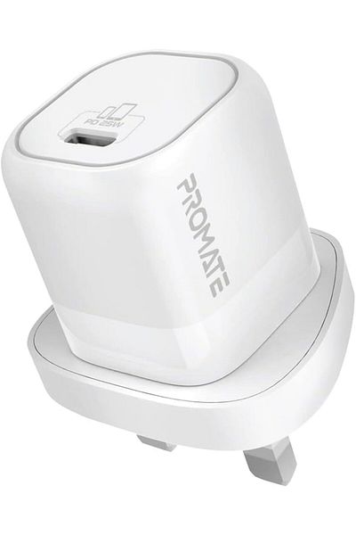 Promate USB-C Charger, Premium GaNFast Technology Wall Adapter with 25W Type-C Power Delivery Port,