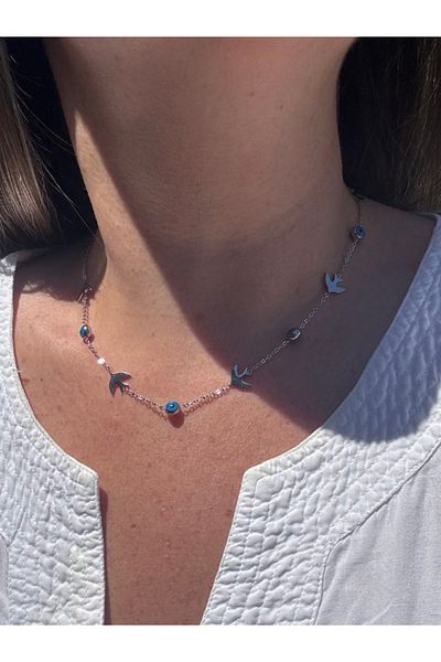 bijuxbymrv Bird & Evil Eye Beaded Steel Necklace