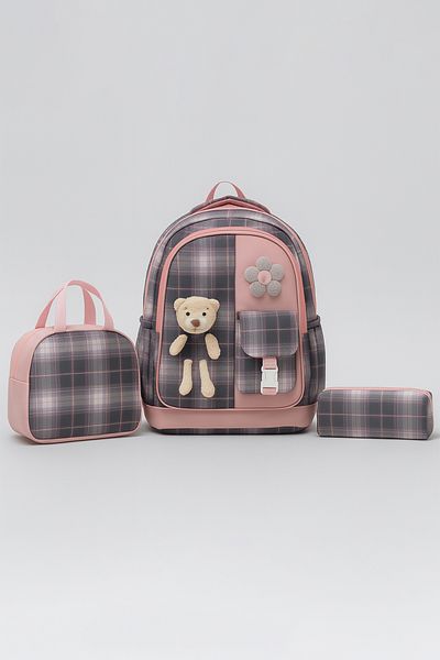 KAFF 01127 Powder Korean Style Water Resistant Fabric 3-Piece Bag-Lunch-Pencil Case Girl's Primary School Bag