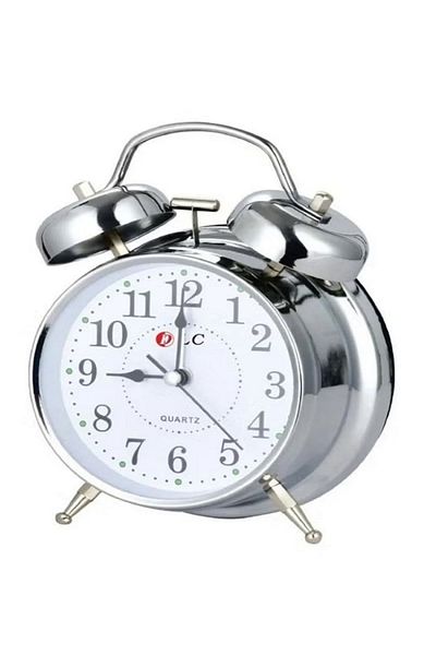 DLC Alarm clock made of chrome plated metal with bell alarm function and white dial