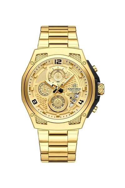 Naviforce Men’s Gold Chronograph Stainless Steel Watch with Multi-Function Subdials and Luminous Hands