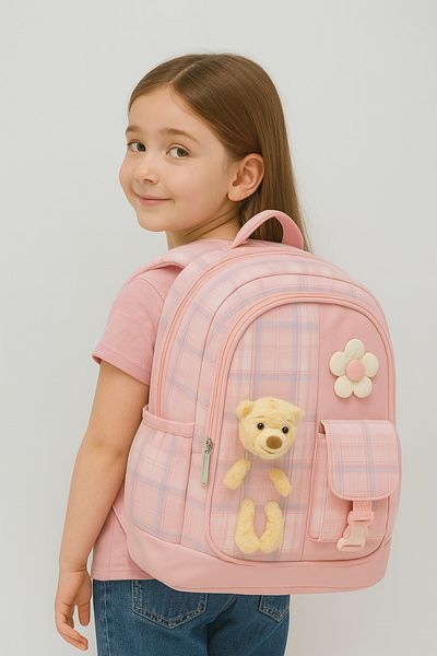 KAFF 01127 Pink Korean Style Water Resistant Fabric 3-Piece Bag-Lunch-Pencil Case Girl's Primary School Bag