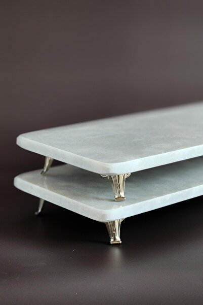 ioadesign Damla 2-Piece Thin and Real Marble Serving Plate - Biscuit, Cake, Chocolate, Date Plate - Silver Footed