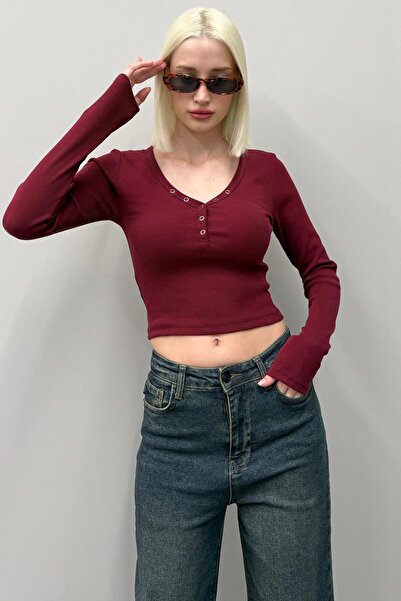 Madmext Burgundy V-Neck Long Sleeve Button Detail Camisole Bodysuit Mg2194