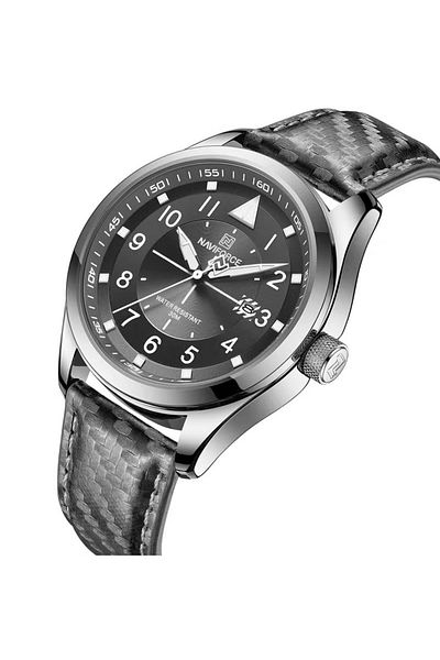 Naviforce Men's Analog Quartz Watch – 44mm Grey Dial, Leather Strap, 30M Water Resistant