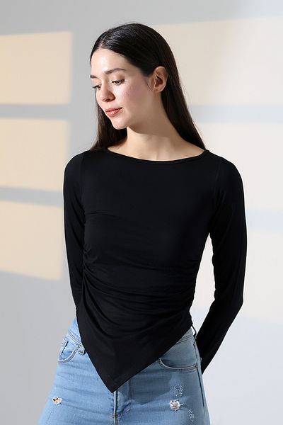 Endies Boat Neck Long Sleeve Basic Women's Blouse with Gathered Sides and Asymmetrical Cut 22017 Black