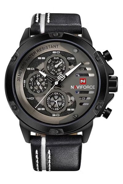Naviforce Mens Multifunctional Analog Wristwatch with Quartz Battery Chronograph Leather Strap Water Resistant