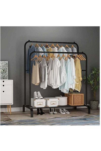 COOYA Clothes Drying Rack Double Rod Drying Rack Indoor Bedroom Drying Rack with Shelves (Black)