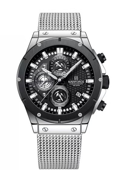 Naviforce Luxury Chronograph Watch – 45mm Dial, Stainless Steel Mesh Strap, Date Display, Water Resistant