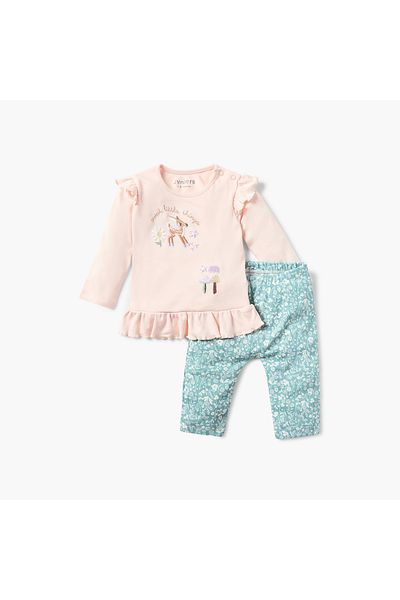 Juniors Ruffle Detail Long Sleeves T-shirt and Elasticated Pyjama Set