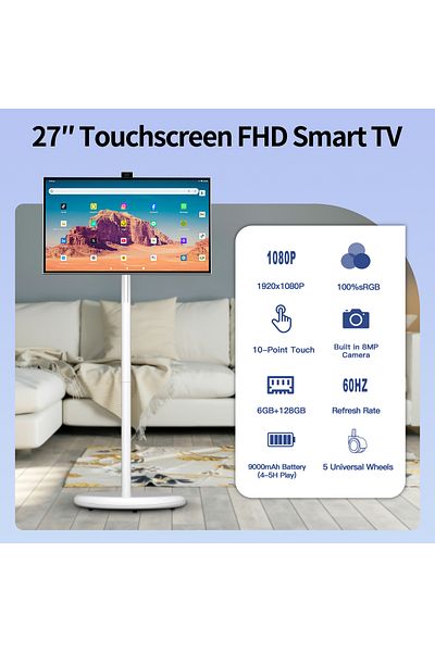 VLH 27 Inch Portable Smart TV,1080P Touchscreen Monitor,8MP Camera,4-6H Battery,6+128GB Storage