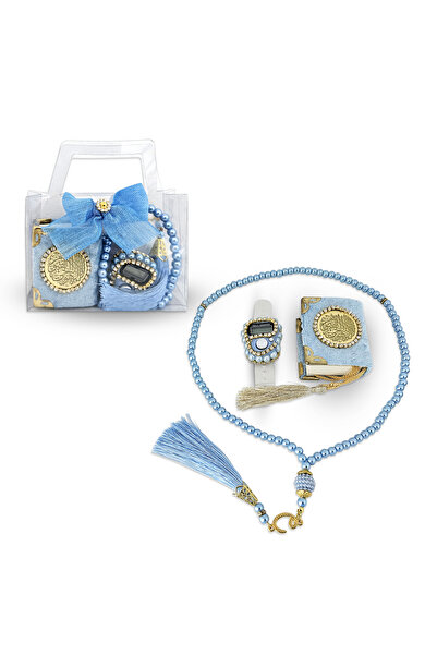 Yeşilipek Hediyelik Kutulu Mini Kur'an İnci Tesbih ve Taşlı Zikirmatik Seti Mavi