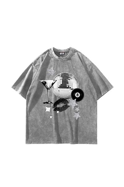 Sekizbiraltı Martini Disco Printed Oversize Unisex Πλενόμενο Λευκό Tshirt