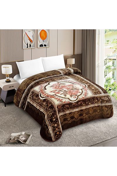 FIONNA.RO Thick Double Blanket Royal Embroidery Pattern - Brown With Flowers