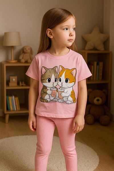 MİNYON BABY Girls' Bottom-Top Leggings Cat Printed Set