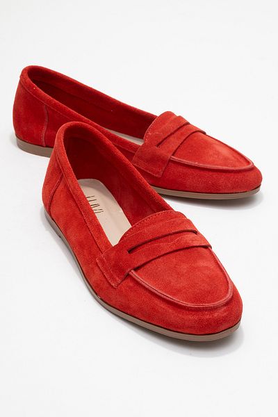 LuviShoes F02 Червени велурени дамски мокасини от естествена кожа