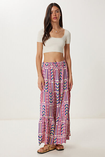 Happiness İstanbul Kadın Pembe Kemik Desenli Volanlı Yazlık Viskon Etek DD01359