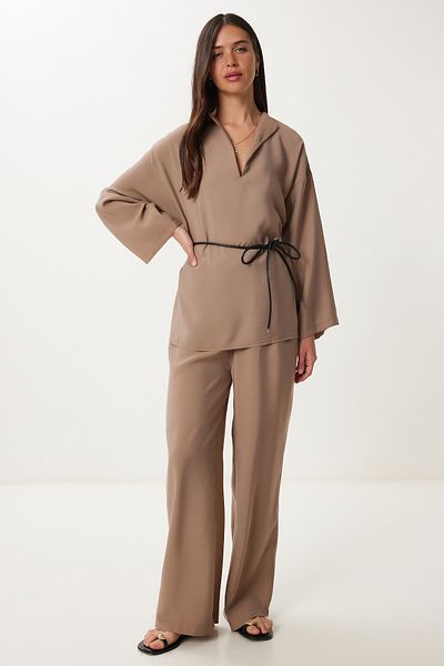 Happiness İstanbul Women's Mink Lacing Detailed Modal Blouse Pants Suit No00027