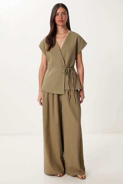 Happiness İstanbul Women's Khaki Linen Vest Pants Suit No00020
