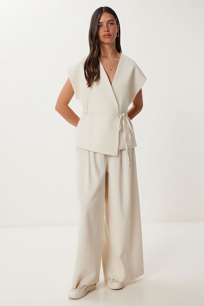 Happiness İstanbul Women's Cream Linen Vest Pants Suit No00020