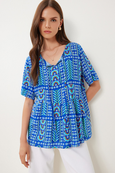 Happiness İstanbul Γυναικεία Μπλούζα Βισκόζης με Μπλε Πράσινο Σχέδιο DD01360