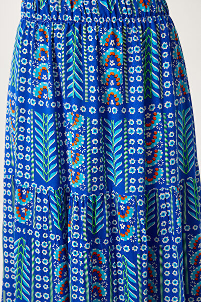 Happiness İstanbul Fusta de vară din viscoză cu volan cu model albastru închis portocaliu DD01359