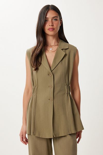 Happiness İstanbul Women's Khaki Linen Vest Pants Suit No00025