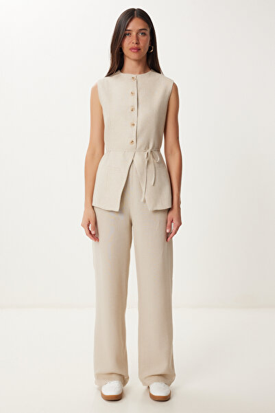 Happiness İstanbul Női krémszínű kötőanyag részletes vászon mellény nadrág szett NO00026