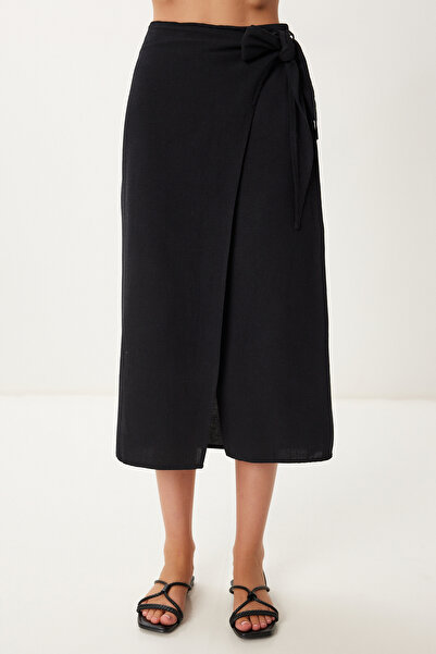 Happiness İstanbul Women's Black Asymmetrical Linen Skirt with Tie Detail Bv00132