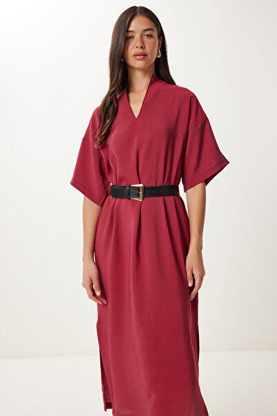 Happiness İstanbul Women's Burgundy Belted Slit Summer Modal Dress No00028