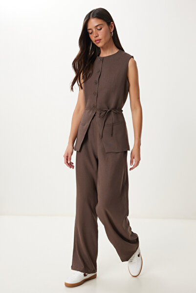 Happiness İstanbul Női barna fűzős részletes vászon mellény nadrág szett NO00026