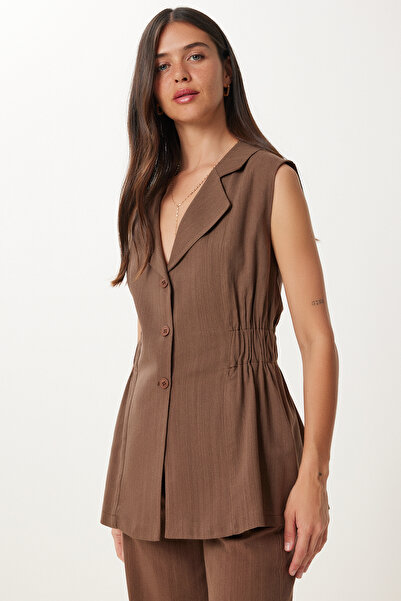 Happiness İstanbul Women's Brown Linen Vest Pants Suit No00025