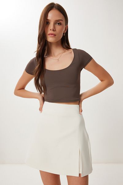 Happiness İstanbul Women's Bone Slit Mini Woven Shorts Skirt Rw00005