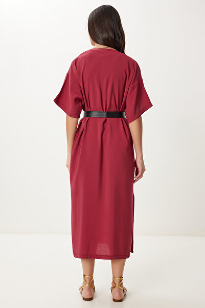 Happiness İstanbul Women's Burgundy Belted Slit Summer Modal Dress No00028