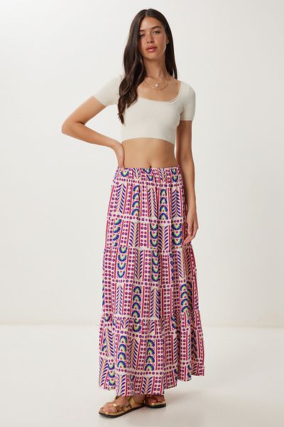 Happiness İstanbul Women's Pink Bone Patterned Flounced Summer Viscose Skirt Dd01359