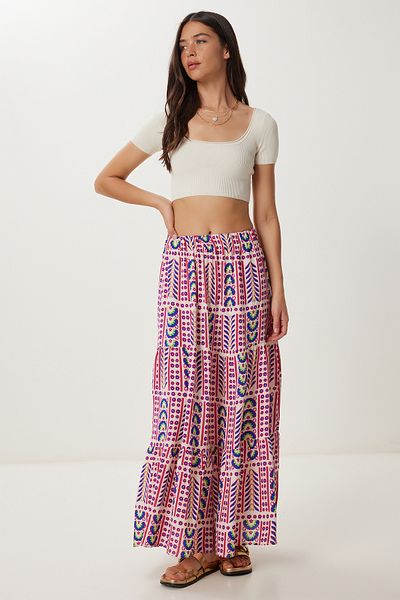 Happiness İstanbul Women's Pink Bone Patterned Flounced Summer Viscose Skirt Dd01359