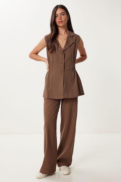 Happiness İstanbul Women's Brown Linen Vest Pants Suit No00025