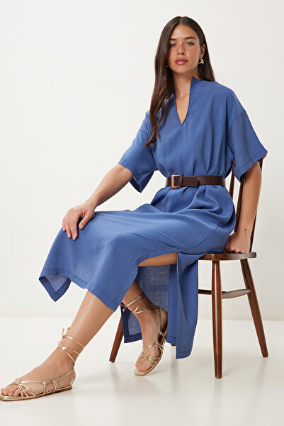 Happiness İstanbul Női indigó kék öves hasított nyári modális ruha NO00028