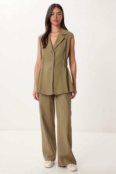 Happiness İstanbul Women's Khaki Linen Vest Pants Suit No00025