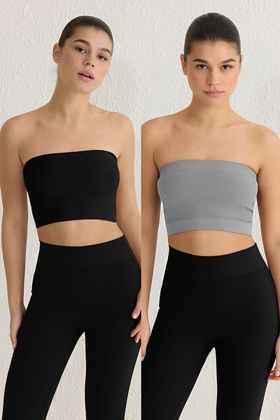 Trendyol Collection Pack of 2 Seamless Gray Melange and Black Strapless Knitted Sports Bra - Twoss21Ss0061