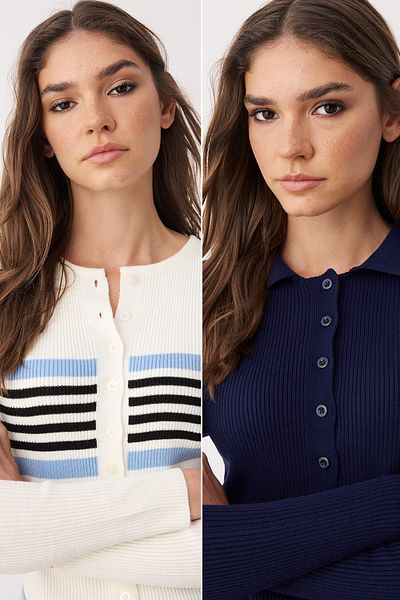 Trendyol Collection Ecru*001-Navy Blue Crop Color Block-Solid 2-Piece Knitwear Cardigan Twoaw26Hi00127