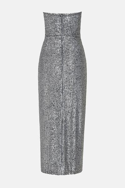 Trendyol Collection Flitrové stylové večerní šaty bez ramínek se stříbrným body Tpraw25El00161