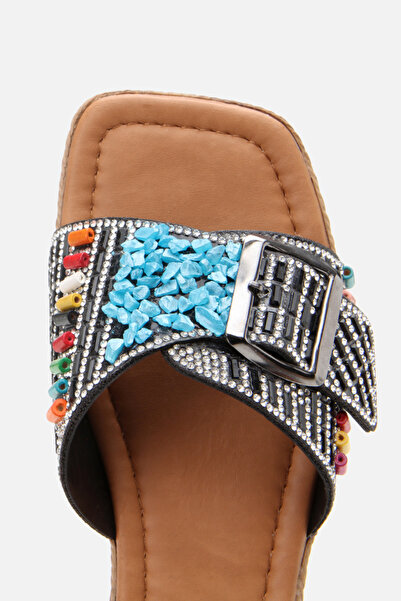 Yaya by Hotiç Colorful Stone Buckle Women's Slippers – Ethnic Patterned Comfortable Slippers 01Tey308430A10M